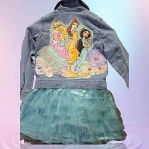 Upcycled Custom Disney Princess Denim Jacket with Tulle Skirt - Blue With Pearls